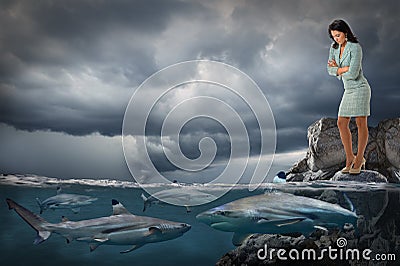 Businesswoman Looking at Sharks Swimming Stock Photo