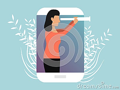 Businesswoman looking through a spyglass vector illustration. Business girl character foresight, looking to the future Vector Illustration