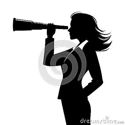 Businesswoman looks telescope silhouette. Forecast, vision in business concept Vector Illustration