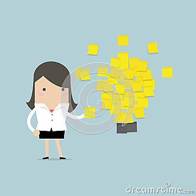 Businesswoman with a lot of stickers with ideas on the wall. Vector Illustration