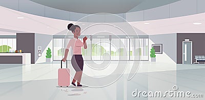 Businesswoman with luggage modern reception area african american business woman holding suitcase standing in lobby Vector Illustration
