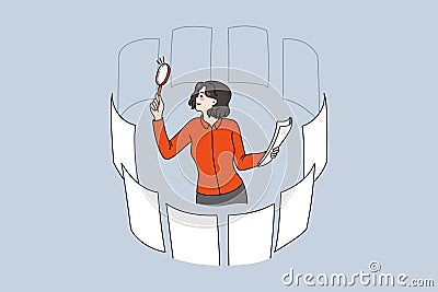 Businesswoman with magnifier glass search career options Vector Illustration