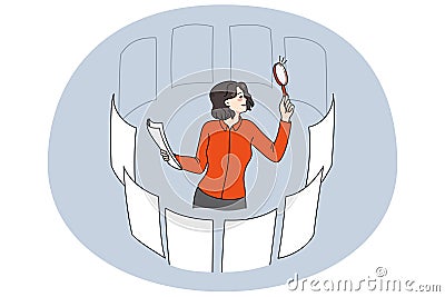 Businesswoman with magnifier glass search career options Vector Illustration