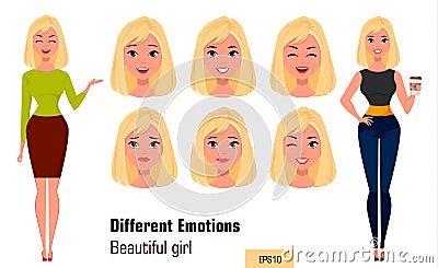 Businesswoman making different face expressions. Young attractive girl with various emotions Vector Illustration