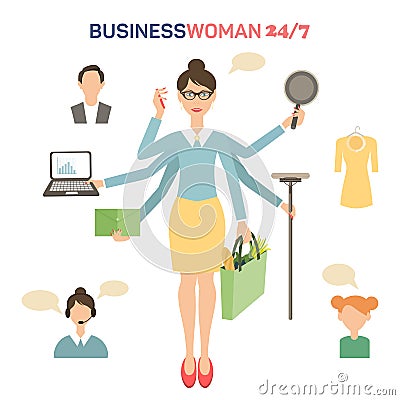 Businesswoman with many hands multitasking Vector Illustration