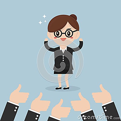 Businesswoman and many hands with thumbs up. Vector Illustration