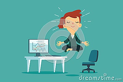 Businesswoman meditating at office desk Vector Illustration