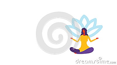 Businesswoman meditating sitting lotus position girl in yoga pose female cartoon character full length horizontal Vector Illustration