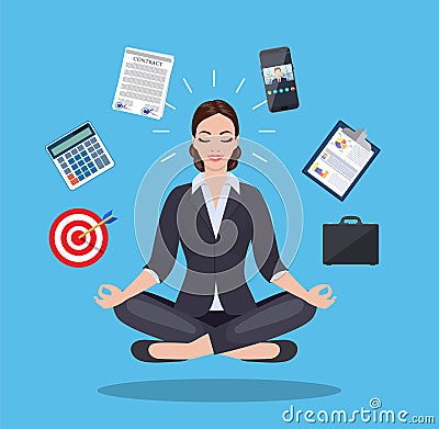 Businesswoman meditating, time management, Vector Illustration