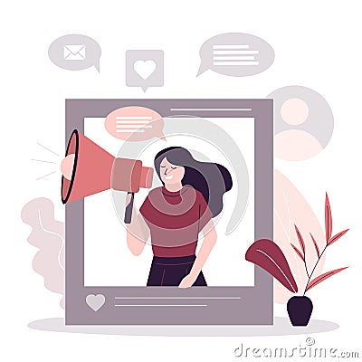 Businesswoman with megaphone advertises company and products. Marketer presents new project in social media Vector Illustration