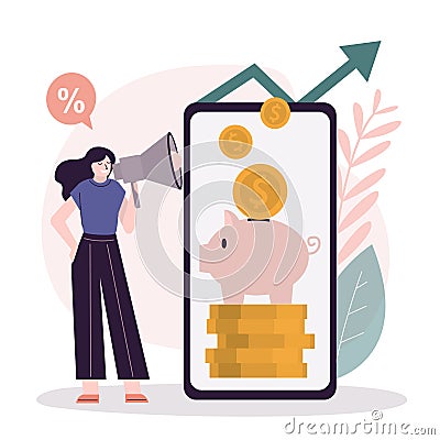 Businesswoman with megaphone recommends investing. Promoter advertises online investment Vector Illustration