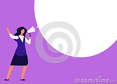 Businesswoman with megaphone. Woman shouting in bullhorn with speech bubble for message. Announcement, event marketing Vector Illustration