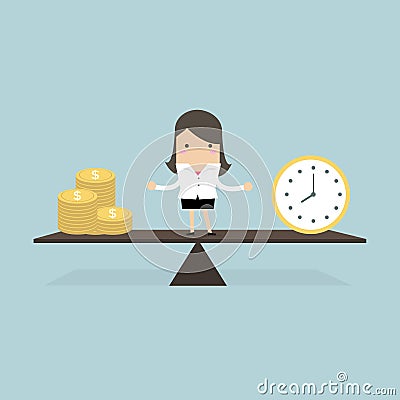 Businesswoman with money and time balance concept. Vector Illustration