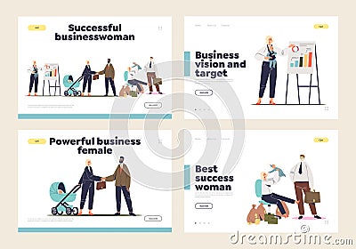 Businesswoman mother concept of set of landing page templates with cartoon business lady Vector Illustration