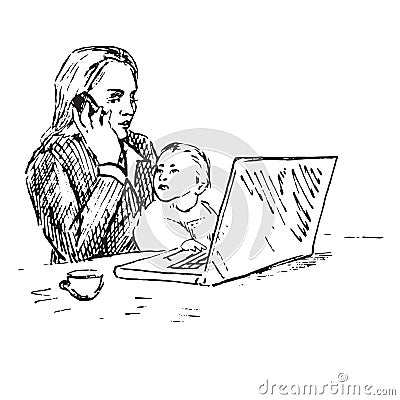 Businesswoman mother working at home, holding child and talking by the phone while working on computer, hand drawn doodle, sketch Vector Illustration