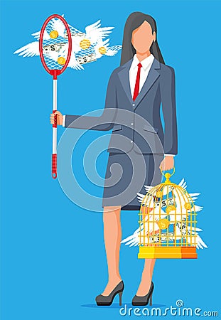 Businesswoman with net and cage with money Vector Illustration