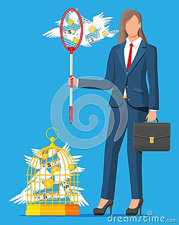 Businesswoman with net and cage with money Vector Illustration