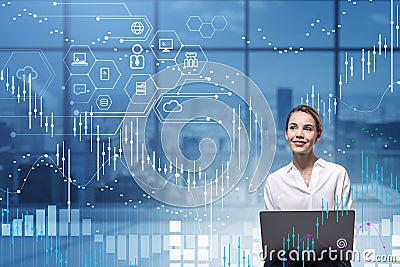 Businesswoman with network and graph changes, city view Stock Photo