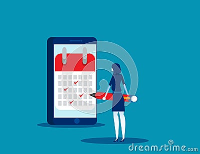 Businesswoman notes the data in calendar. Concept business vector, Smartphone app, Device, Portable Vector Illustration