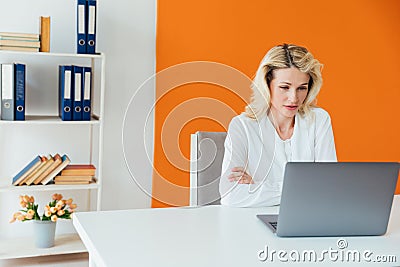 Business woman in office at laptop small business online Stock Photo