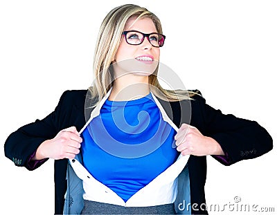 Businesswoman opening her shirt superhero style Stock Photo