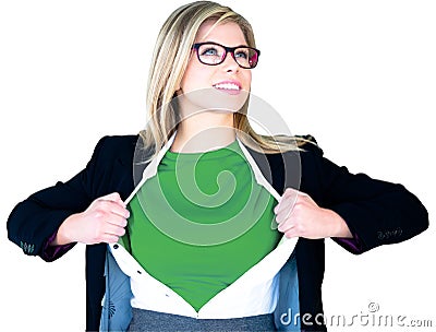 Businesswoman opening shirt in superhero style Stock Photo