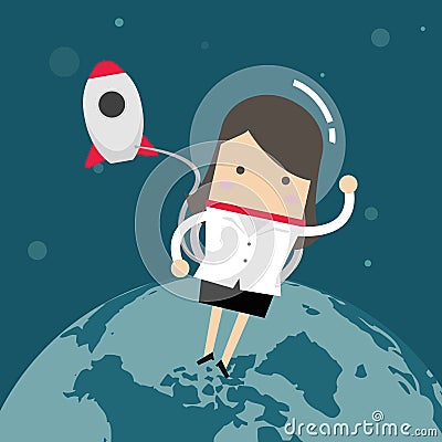 Businesswoman outside a rocket in space. Vector Illustration
