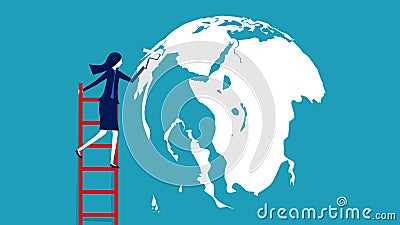 A businesswoman paints a wall depicting the world space Vector Illustration