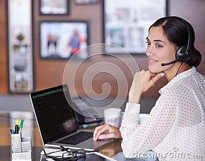 Businesswoman, phone call and headset with laptop, virtual assistant and online in corporate office. Technology Stock Photo