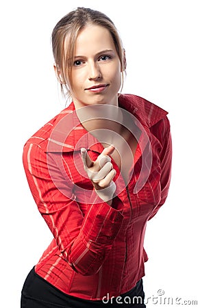 Businesswoman pointing at camera Stock Photo
