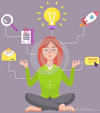 Businesswoman practicing mindfulness meditation, clearing her mind, releasing stressful thoughts Stock Photo