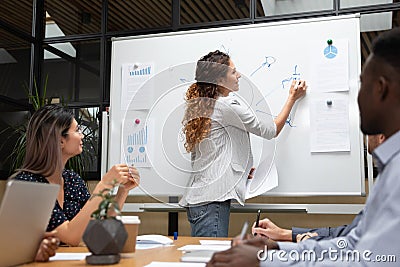 Businesswoman presentation conductor drawing on whiteboard at group training Stock Photo