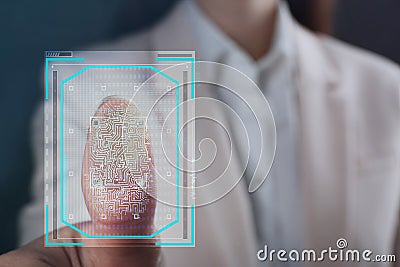 Businesswoman pressing control glass of biometric fingerprint scanner, closeup with space for text Stock Photo