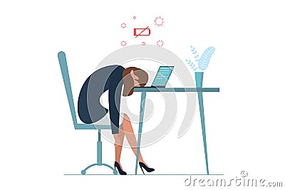 Businesswoman professional burnout syndrome. Exhausted sick tired female manager sit with head down on laptop. Sad Vector Illustration