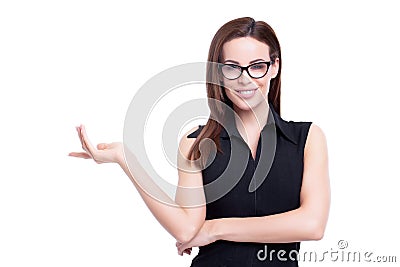 Businesswoman promoting empty space portrait isolated on white Stock Photo