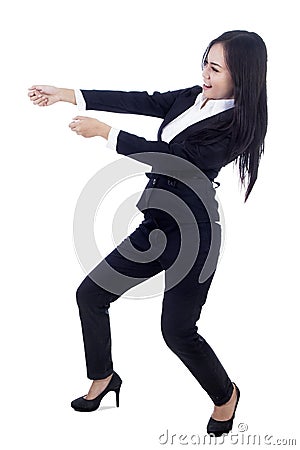 Businesswoman pull something on copyspcae Stock Photo