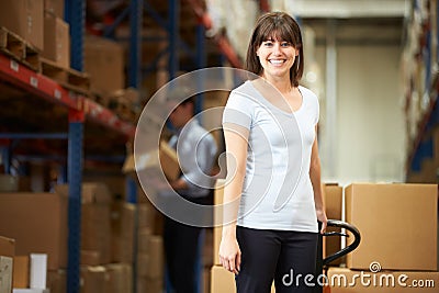 Businesswoman Pulling Pallet In Warehouse Stock Photo