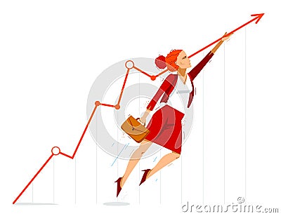 Businesswoman pushes growth graph chart up to financial success vector illustration, motivated business woman accountant CEO or Vector Illustration