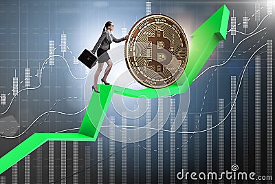 Businesswoman pushing bitcoin in cryptocurrency blockchain conce Stock Photo