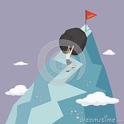 Businesswoman pushing large stone up to reach business success Vector Illustration