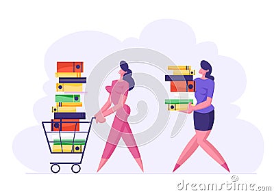 Businesswoman Pushing Shopping Cart Full of Documentation. Woman Carry Big Stack of Documents Folders, Busy Office Vector Illustration