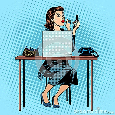 Businesswoman putting on lipstick in the office Vector Illustration