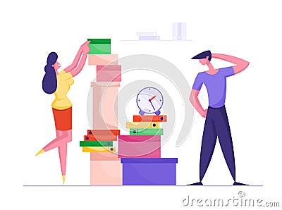 Businesswoman Putting Paper Documents in Folders in Huge Heap for Overwork Office Employee Finish Work Vector Illustration