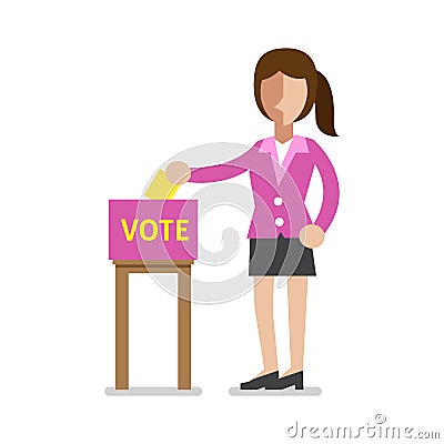 Businesswoman putting voting paper in the ballot box Vector Illustration