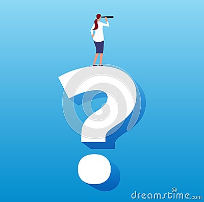 Businesswoman on question mark. Unknown future journey and next decision, strategy choice and business challenge vector Vector Illustration