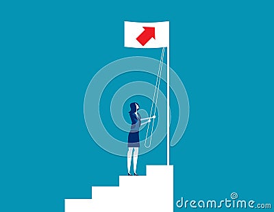 Businesswoman raise a growth flag. Concept business vector illustration, Direction, Up, Successful Vector Illustration