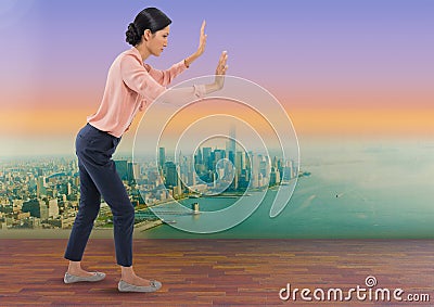 Businesswoman reaching arms like lost pushing over city Stock Photo