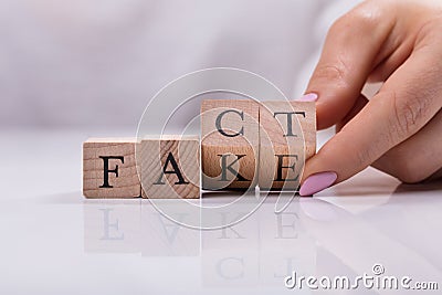 Businesswoman Replacing Blocks From Fake To Fact Word Stock Photo