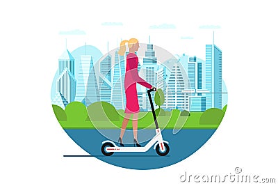 Businesswoman riding electric kick scooter. Activity lifestyle moving concept on big city street. Vector illustration Vector Illustration