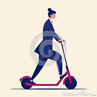 Businesswoman riding electric scooter, modern female executive in suit, smiling professional on e-scooter. Eco-friendly Vector Illustration